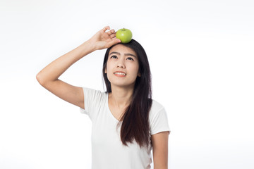 asian young woman healthy holding green apples on white background