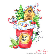 A cup of cream and a gingerbread house inside. Watercolor New Year's, Chrismas illustration.