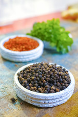 Red hot chili Cayenne and black pepper fresh and dried powdered spice, fresh ginger root,  ready to use.