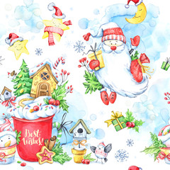 Watercolor seamless pattern with a cup of cream, gingerbread, fairy-tale snowmen, Santa Claus and gifts.