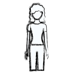 blurred silhouette faceless front view woman with pants and curly hair vector illustration