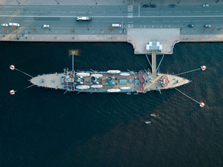 Top view of the ship, the road and the kayak