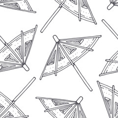 Cotton fabric Hand drawn outline seamless pattern with cocktail umbrellas. Black and white food background