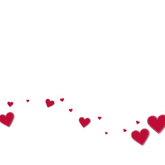 Red stitched paper hearts. Bottom wave on white background. Vector illustration.