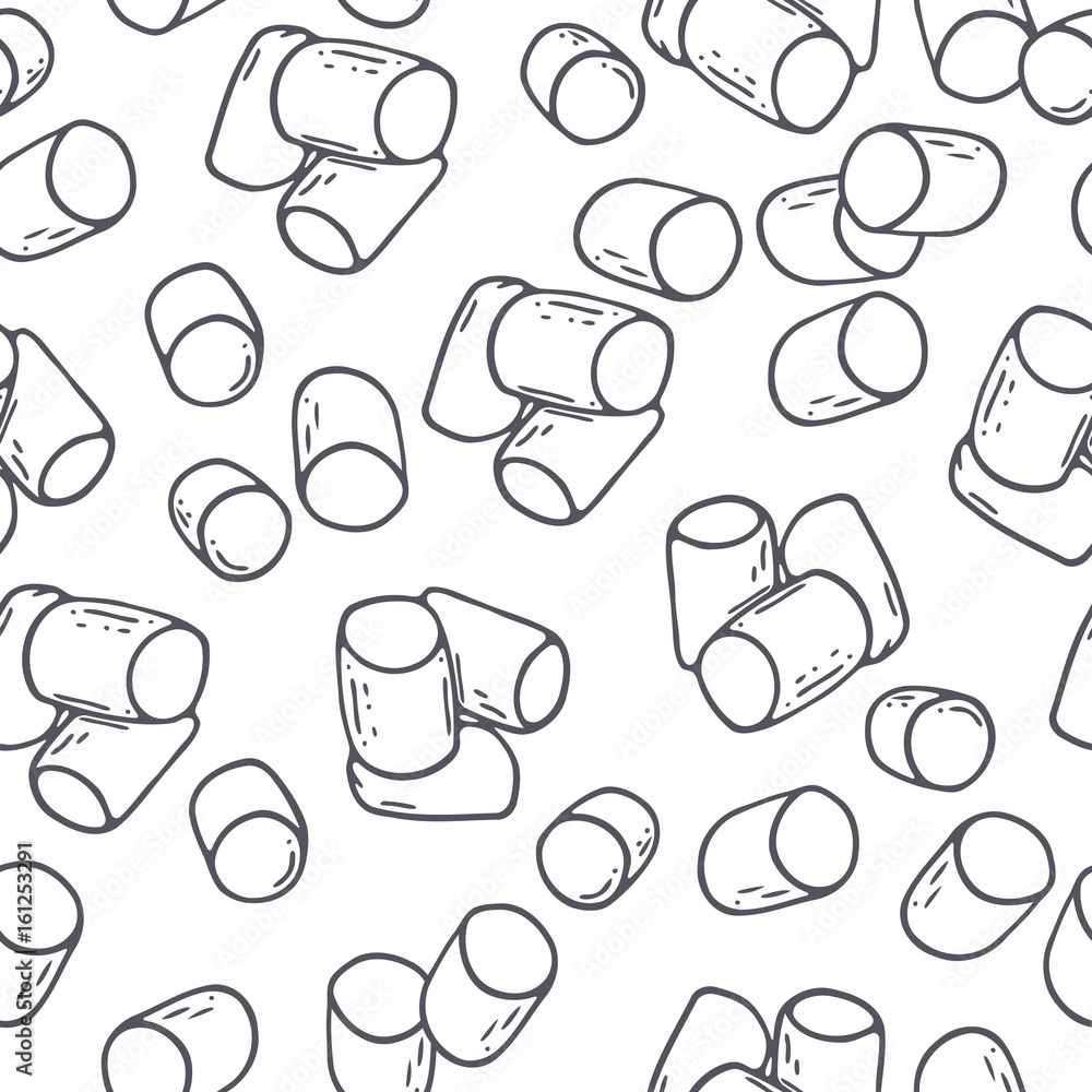 Wall mural Hand drawn outline seamless pattern with marshmallow. Black and white food background