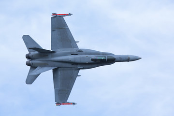 Jet fighter flying low.