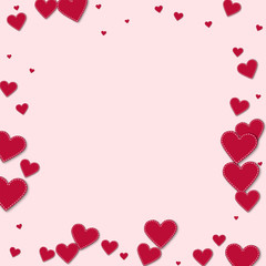 Red stitched paper hearts. Chaotic border on light pink background. Vector illustration.