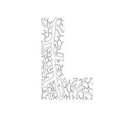 Nature alphabet, ecology decorative font. Capital letter L filled with leaf veins pattern black on white outline background. Leaves texture hand draw nature alphabet. Vector illustration.