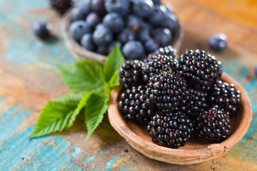Fresh summer wild blueberries and brambleberry, blackberry in stone bowls