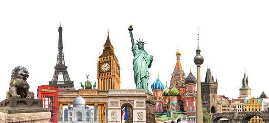 Photo sur Plexiglas Europe centrale Collage de photos de monuments du monde isolé sur fond blanc, voyage, tourisme et étude autour du concept mondial