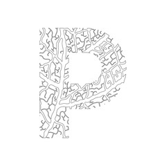 Nature alphabet, ecology decorative font. Capital letter P filled with leaf veins pattern black on white outline background. Leaves texture hand draw nature alphabet. Vector illustration.