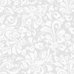 Seamless grey background with white pattern in baroque style. Vector retro illustration. Ideal for printing on fabric or paper.