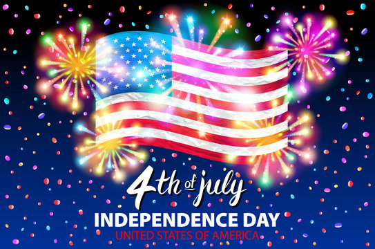 illustration of a celebrating Independence Day Vector Poster. 4th of July Lettering. American Red Flag on Blue Background with Stars burst. firework