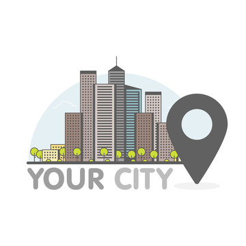 Eco Green Modern City Thin Line Illustration With Pointer. Vector Logo Concept