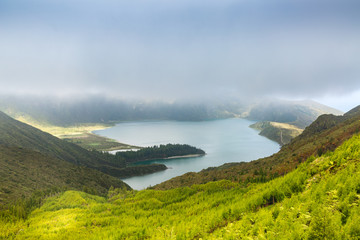 Lake of Fire (Lagoa do Fogo) in the crater of the volcano Pico do Fogo on the island of Sao Miguel