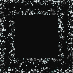 Beautiful falling snow. Square scattered frame with beautiful falling snow on black background. Vector illustration.