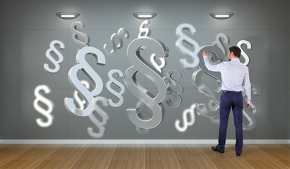 Businessman using law interface on a wall 3D rendering