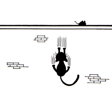 Hand Drawn Of Black Cat Scratching Wall And A Mouse On Wall