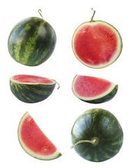 Set of watermelon and slices. Sweet and juicy fruit  isolated on white background. Ripe watermelon close-up.