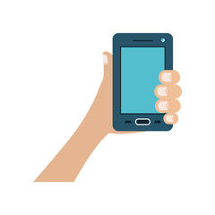 white background with colorful hand holding smartphone vector illustration