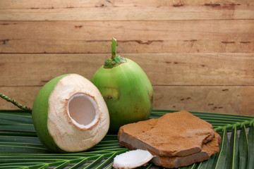 Fresh Coconut Water Drink on wooden  background 