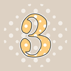 Cute dotted number three isolated on beige background. Vector illustration. Element for design. Kids alphabet.