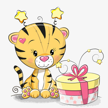 Greeting card cute Tiger with gift