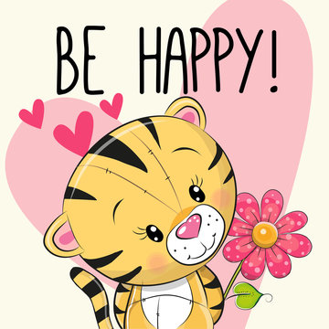 Be Happy Greeting card Tiger with hearts