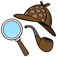 Detective Hat, Pipe, and Magnifying Glass - 161268217