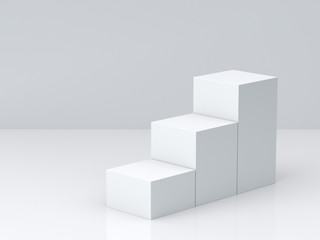 White cube boxes step with white blank wall background for display. 3D rendering.
