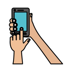 white background with colorful silhouette of hands holding smartphone with thick contour vector illustration