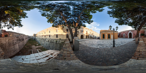 360 degree spherical panorama from Corfu town, Greece. View to the Old Byzantine fortress Paleo...