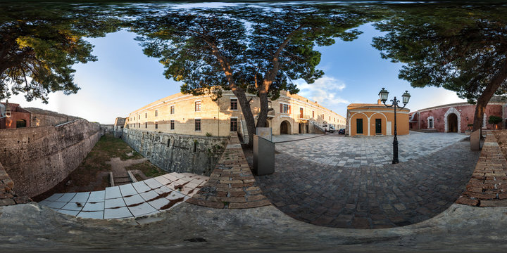 360 degree spherical panorama from Corfu town, Greece. View to the Old Byzantine fortress Paleo Fryrio of Kerkyra.