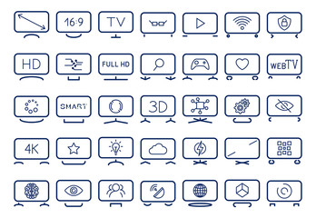 Smart TV icons set, flat design, vector illustration. Icons depicting smart TV with different stands and different functions