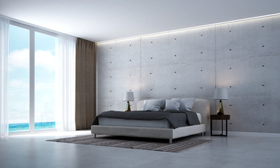 The modern loft bedroom design interior and concrete wall texture and sea view
