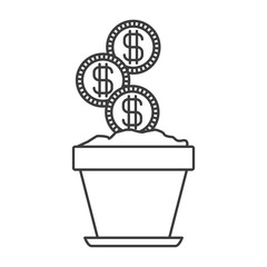 monochrome silhouette of flower pot with set of coins vector illustration