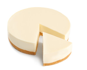 Delicious sliced cheesecake on white background