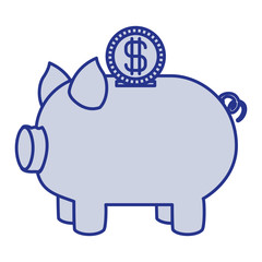 blue silhouette of moneybox in shape of pig and coin vector illustration