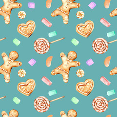 Seamless pattern with watercolor gingerbreads and marshmallow, hand drawn isolated on a dark blue background