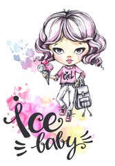 Watercolor card with cute girl. Calligraphy words Ice Baby.