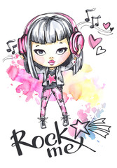 Watercolor card rock girl with headphones. Calligraphy words Rock Me.