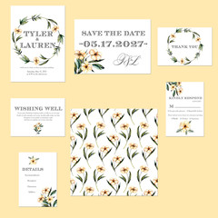 Template cards set with watercolor pink flowers illustrations; wedding design for invitation, Save the date card, RSVP, Thank you card, Wishing Well card,  for anniversary day