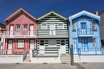 Striped colored houses, Costa Nova, Beira Litoral, Portugal, Europe