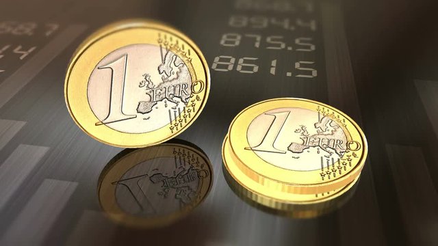 Glossy euro spinning coin close up 4K animation. Finance currency symbol and banking with chart.