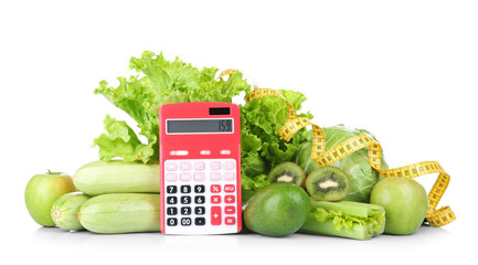 Weight loss concept. Fresh vegetables, fruits, calculator and measuring tape on white background