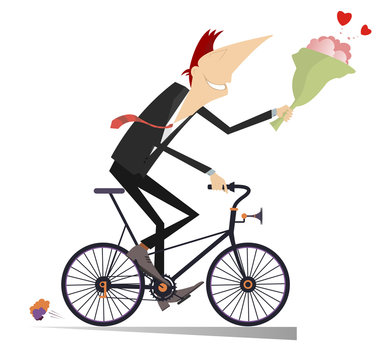 Smiling man on the bike hurries up to give a bunch of flowers to his woman isolated
