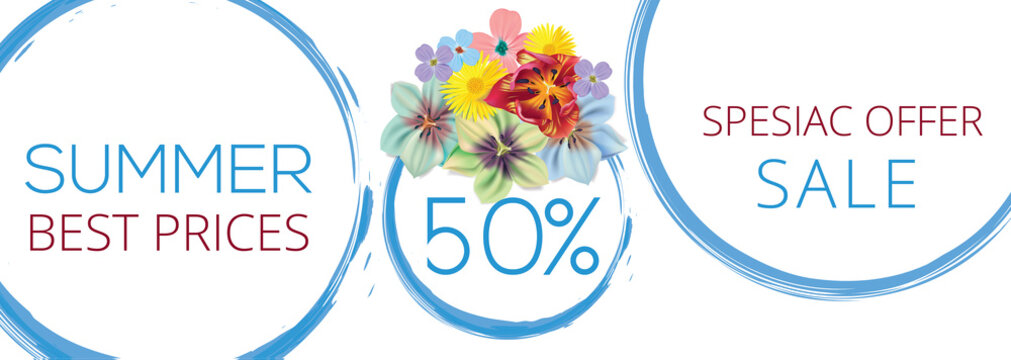 Summer sale Flower banner with text on white background with beautiful flowers. Artistic design vector banners, greeting cards, summer sales.