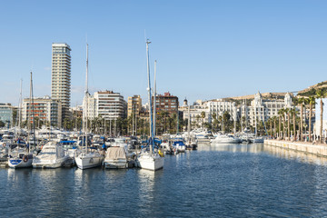 Yacht marine port and Santa Barbara castle on Alicante, Costa Blanca, Spain