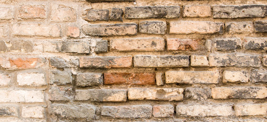 Background of old vintage dirty brick wall with peeling plaster