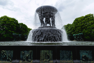 Sculpture statues and the fountain in Vigeland Sculpture Park in Oslo, Norway